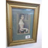 A small portrait print of a young lady in a gilt frame.