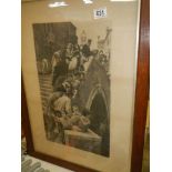 A framed and glazed engraving depicting a Venetian scene of people on a bridge, COLLECT ONLY