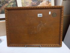 A 1930's wood tray with George Vl and Elizabeth insert medallion Collect only