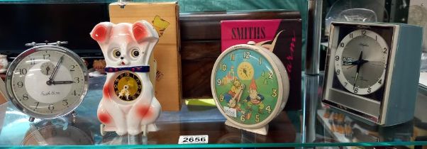 A boxed Vintage Smiths Noddy alarm clock and boxed googly eye dog clock etc, Collect Only