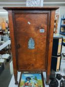 An Art Deco oak pot cupboard with chrome plated motifs on door Collect Only