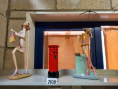 A pair vintage style figurines and a metal pillar box moneybox Collect only