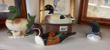 A vintage French pottery duck tureen A/F and 1 wood, 1 resin and pottery duck ornament , Collect