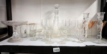 A glass decanter, set of 4 glasses & a pair of candlesticks etc. COLLECT ONLY