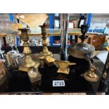 Victorian brass candlesticks, Gretna Green anvil, brass pressure stove (incomplete) etc