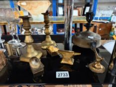 Victorian brass candlesticks, Gretna Green anvil, brass pressure stove (incomplete) etc