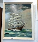 An oil on board of a sailing ship signed Jarrod 1983 Collect only