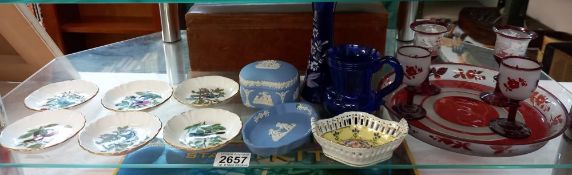 A quantity of Royal Windsor Bird trinket dishes, Wedgwood blue jasperware & Victorian overlaid