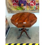 A walnut veneer octagonal 2 drawer drum table Collect only