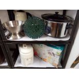 2 shelves of kitchenalia including kitchen scales & slow cooker COLLECT ONLY