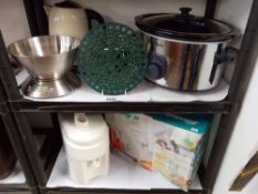2 shelves of kitchenalia including kitchen scales & slow cooker COLLECT ONLY