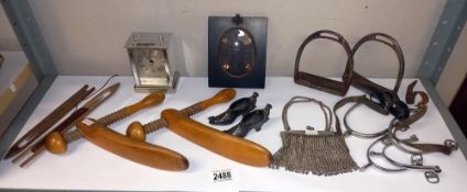 A shelf of collectables including spurs, mesh purse & shoe pin cushions etc