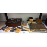 A oak cutlery box and quantity of loose cutlery & old tins etc collect only