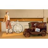 A Thorntons vintage van money box & a pottery figure of a Gent next to a bicycle COLLECT ONLY