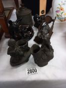 Victorian snail glass inkwell in cast iron stand and pair of spelter match holders etc Collect only