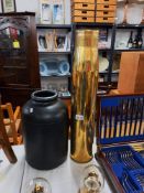 A 1965 tall brass shell case & a painted stoneware jar COLLECT ONLY