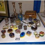 A large collection of vintage pill boxes including CloisonnÃ© etc. & a teak box of thimbles