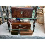 A walnut box including tin cash box and cigar box and vintage leather suitcase