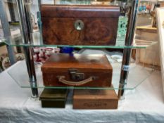 A walnut box including tin cash box and cigar box and vintage leather suitcase