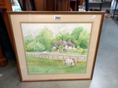 A watercolour of a thatched cottage and horses, Signed Olivia Woodward 53cm x 48cm Collect Only