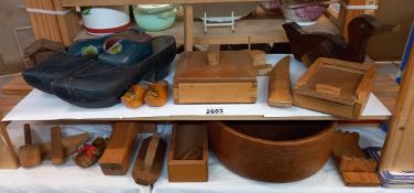 A good selection of wooden items including Dutch clogs & rocking duck Collect only