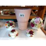 A pink Shelley vase and 2 Old Country Rose Floral displays, a lidded dish and 1 other Collect only