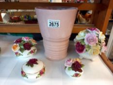 A pink Shelley vase and 2 Old Country Rose Floral displays, a lidded dish and 1 other Collect only