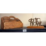 A carved teak letter rack & a novelty brass letter rack COLLECT ONLY