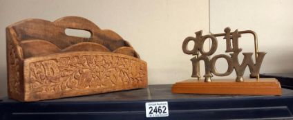 A carved teak letter rack & a novelty brass letter rack COLLECT ONLY