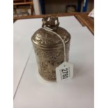 A rare silver plate tea caddy engraved with Lion figure, content including tea Collect only