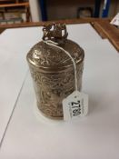 A rare silver plate tea caddy engraved with Lion figure, content including tea Collect only