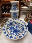 A large Chinese Blue & White porcelain bowl decorated with prunes blossom, Diameter 14inches