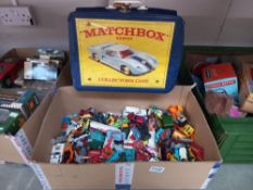 A box of play worn diecast including early Lesney, Matchbox, Corgi etc and an empty carry case