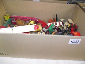 A large box of play worn Dinky Corgi etc including Yellow Submarine, glider trailer etc