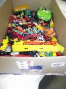 A large box of mixed play worn diecast including Matchbox etc