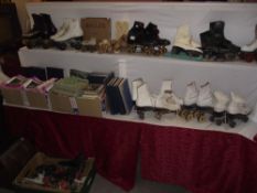 A large collection of roller and ice skates including roller skating and ice skating books and