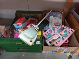 2 boxes of 1960's vintage girls toys including upright Hoover, tea set, nurses outfit etc
