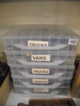5 collectors cases of diecast Lesney vehicles, mostly in good condition