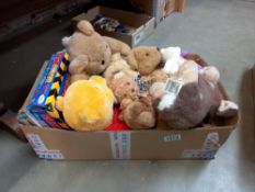 A box of small teddies, including Winnie The Pooh, plus cribbage board etc