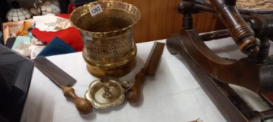 A brass planter, silver plated chamber candlestick and 2 bone saws COLLECT ONLY