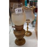 A brass candle lamp with glass shade and an oil lamp COLLECT ONLY