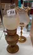 A brass candle lamp with glass shade and an oil lamp COLLECT ONLY