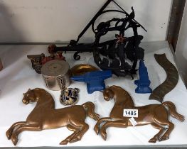 A pair of bronze horse plaques & a Invicta name badge from steam engines & other metalware COLLECT