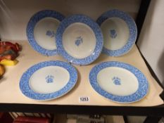 5 Victorian blue and white plates with Latin crest in centre COLLECT ONLY