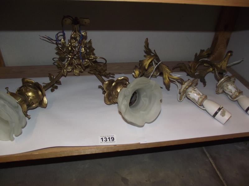 A pair of ormolu wall lights together with a twin ormolu wall light COLLECT ONLY