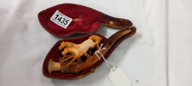 A cased Meerschaum pipe depicting horses A/F
