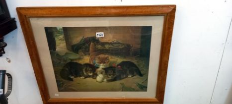 A framed and glazed print of kittens playing with an egg in a barn, COLLECT ONLY