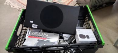 A box of miscellaneous items including Bluetooth Subwoofer COLLECT ONLY