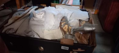 A quantity of assorted linen & lace & a pair of 1940's shoes etc COLLECT ONLY