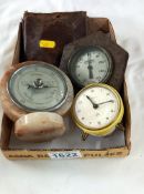 2 vintage thermometers & 2 travel clocks